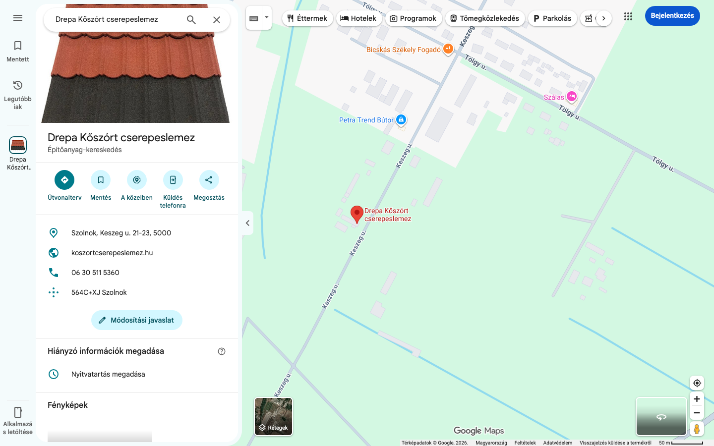 A Drepa Kőszórt cserepeslemez Google Térkép profilja Szolnokon