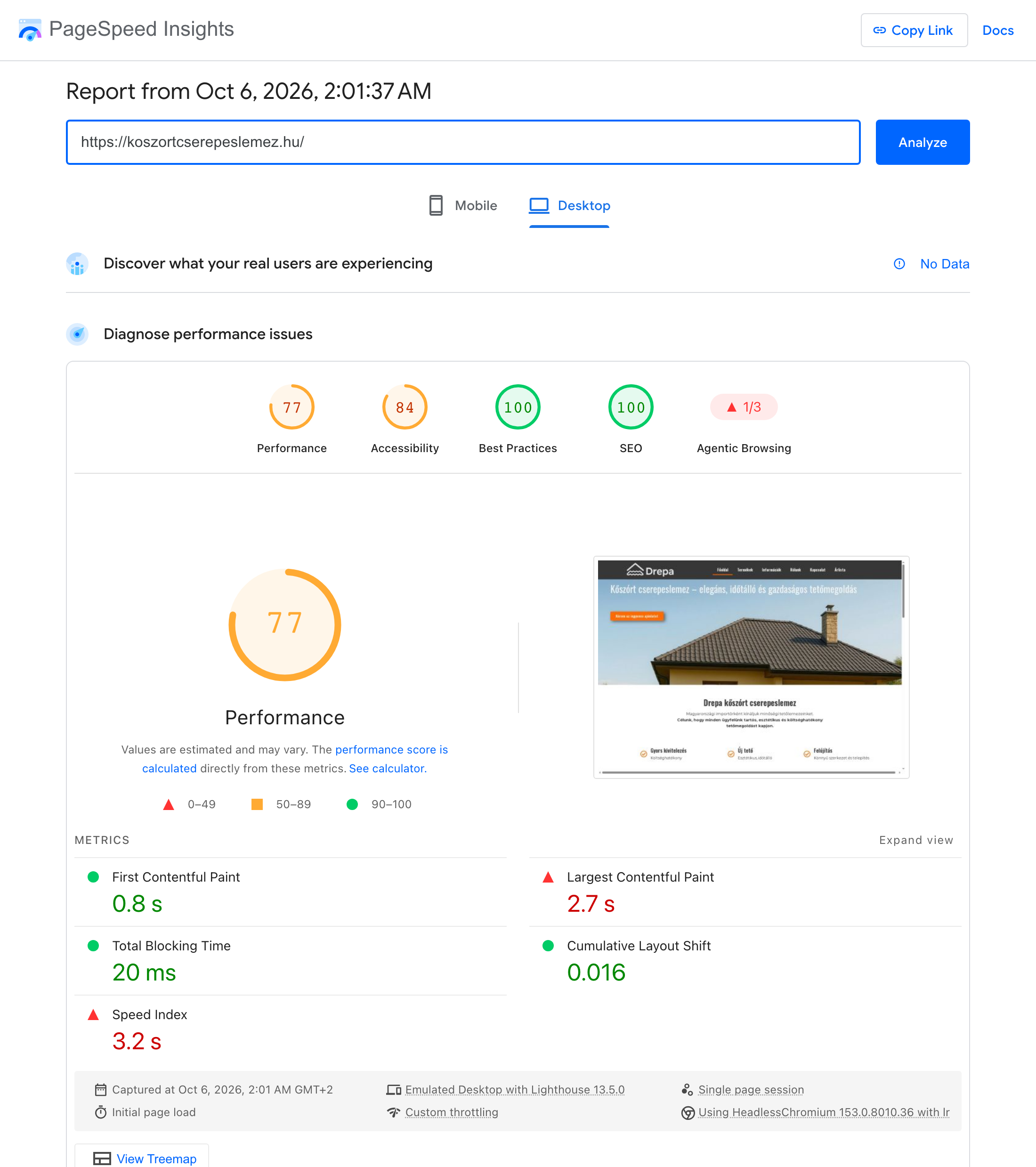 PageSpeed Insights asztali eredmény: teljesítmény 77, LCP 2,7 s