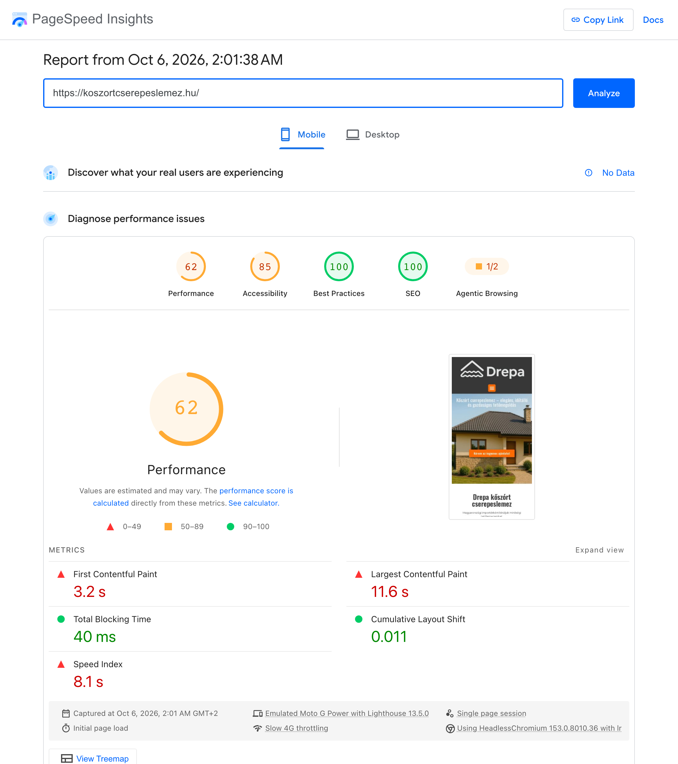 PageSpeed Insights mobil eredmény: teljesítmény 62, LCP 11,6 s